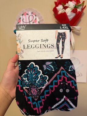Lildy Super Soft Floral Paisley Leggings - Black with Teal & Pink